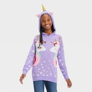 NWT Unicorn Holiday Hooded Sweater (purple) size large